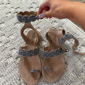 Blue and Tan Sandals with Toe Loop and Ankle Strap